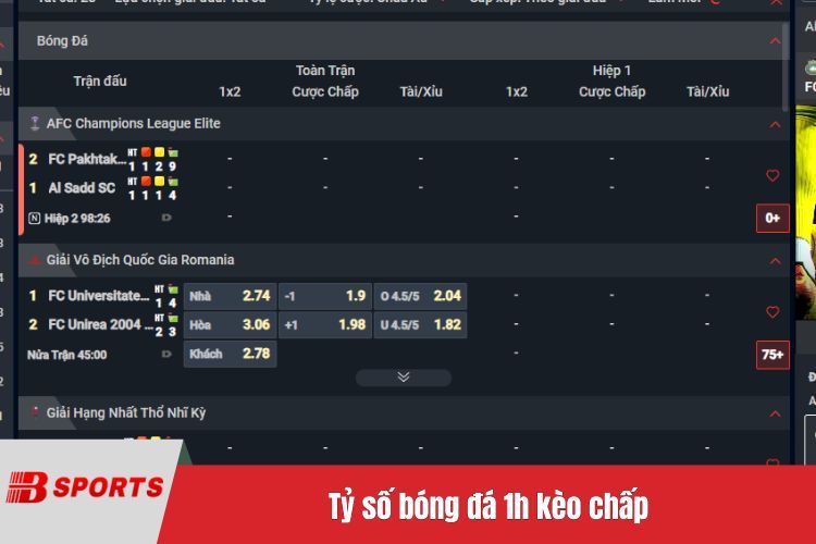 Tỷ số bóng đá 1h kèo chấp